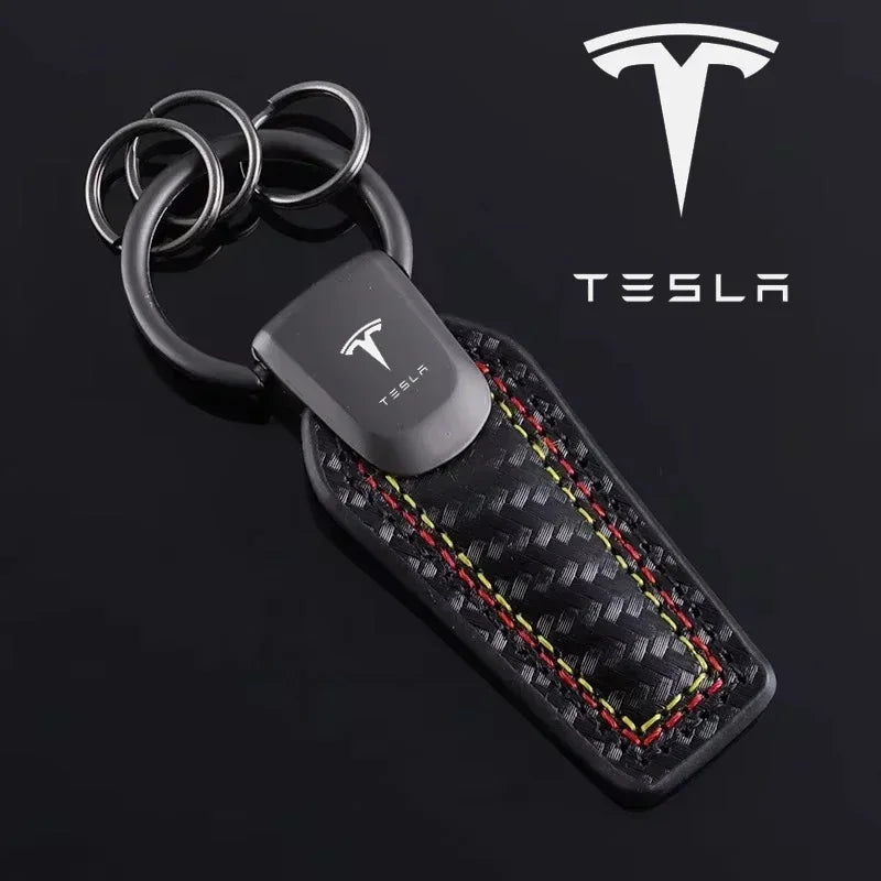 Tesla Leather Carbon Fiber Keychain