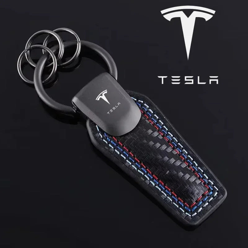 Tesla Leather Carbon Fiber Keychain