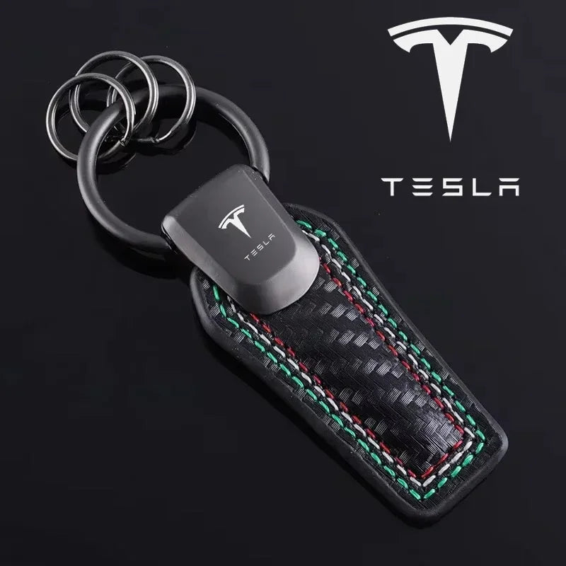 Tesla Leather Carbon Fiber Keychain