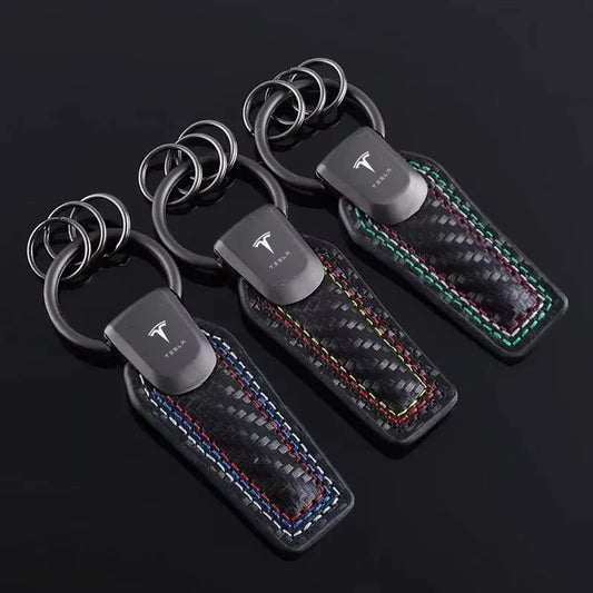 Tesla Leather Carbon Fiber Keychain