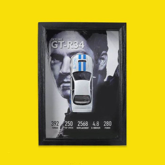 Silver GT-R34 3D Metal Racing Car Black Frame