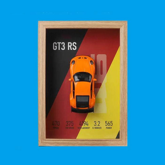 Orange Porsche GT3 RS 3D Metal Racing Car Brown Frame