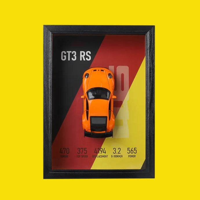 Orange Porsche GT3 RS 3D Metal Racing Car Black Frame