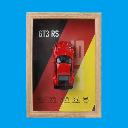 Red Porsche GT3 RS 3D Metal Racing Car Brown Frame