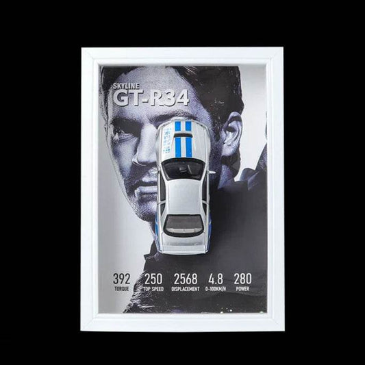 Silver GT-R34 3D Metal Racing Car White Frame
